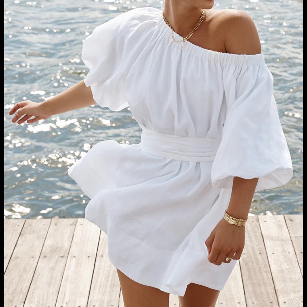 White mini linen off the shoulder dress